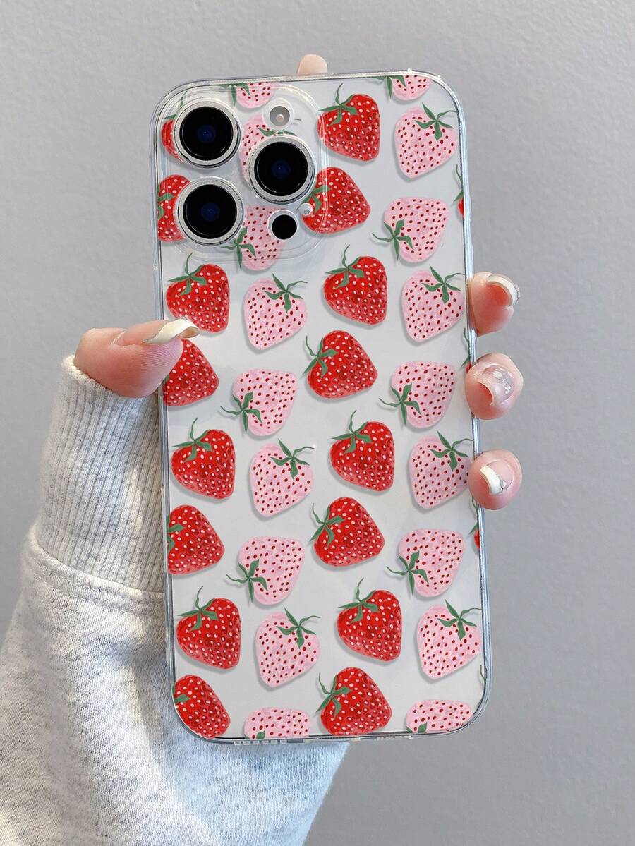 1pc Strawberry Pattern Transparent Soft TPU Phone Case, Anti-Drop Anti-Scratch Anti-Fingerprint, Precise Camera Cutout, Compatible With Samsung, Apple, Nothing, Pixel, INFINIX, Redmi - Multicolor - View 1