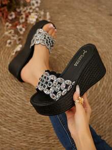 女士蝴蝶结装饰厚底坡跟拖鞋，轻便露趾凉鞋，适合沙滩、休闲和户外活动 - 黑色 - 查看 4