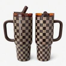 mikenda 1 Pc 40oz Checkered Stainless Steel Tumbler With Handle And Lid, INS Style Large Capacity Insulated Coffee Mug, Reusable Travel Cup For Home Office And On-The-Go - Multicolor - View 3