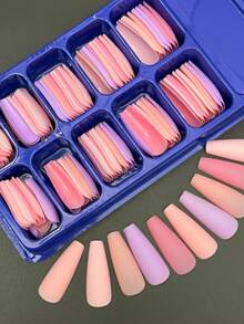 120pcs Matte Coffin Shaped Press-On Nails, Pink & Purple Solid Ballet Slipper Style ABS Full Cover Artificial Nails, Suitable For Nail Extension - Multicolor - View 2