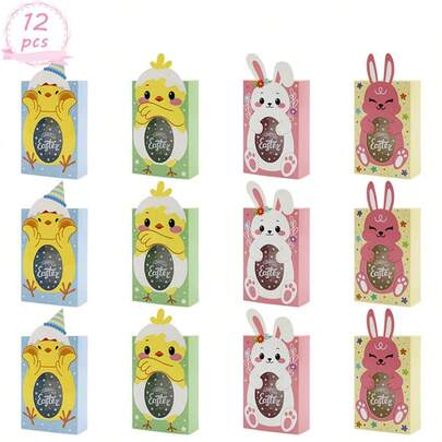 12PCS ‌Easter Gift Boxes With Clear Window - Cute Chick & Rabbit Design Paper Boxes For Kids, Party Favors, Candy, Treats, Holiday Decorations