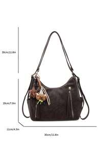 新款女士手提包，大容量通勤小众设计单肩包，休闲百搭简约时尚斜挎包，舒适PU材质，纯色设计，拉链闭合，可调节长肩带，多功能大容量背包，线上热门带吊坠手提包 - 咖啡 - 查看 11