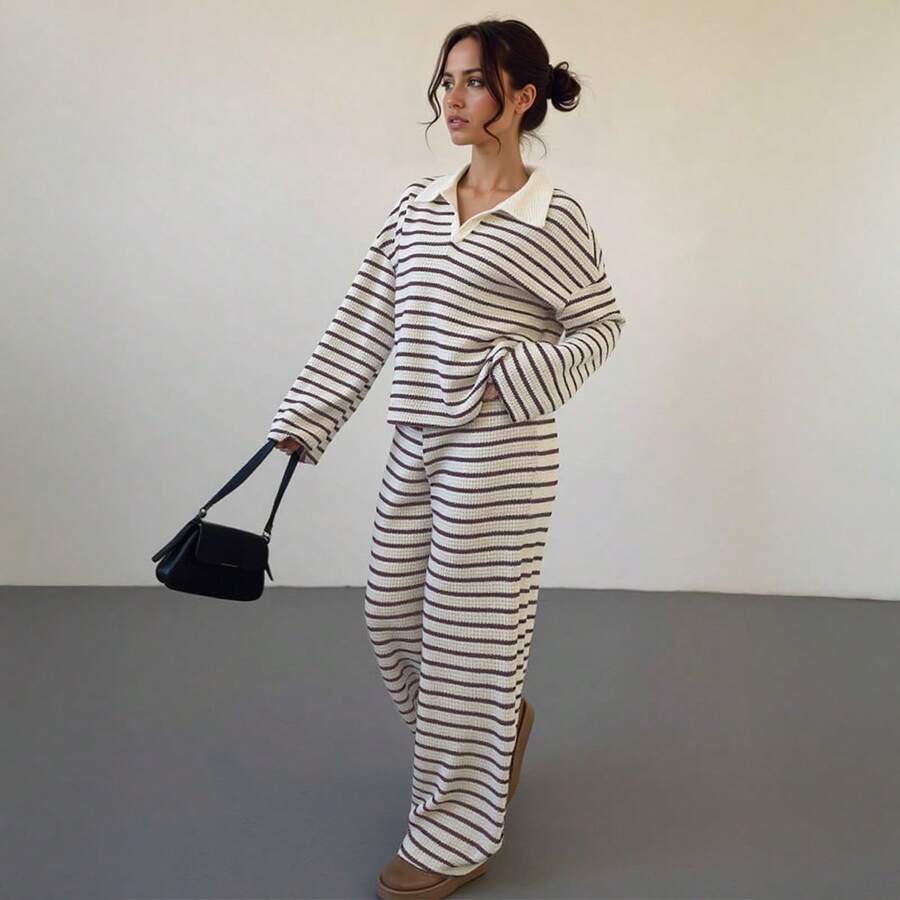 Women's Soft Color-Matching Stripe Long Sleeve Top & Wide-Leg Trousers Co-Ord, Minimalist Two Piece Outfits - 棕色 - 查看 1