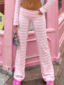 Women's Comfy Pajama Pants Wide Leg Lounge Palazzo Yoga Pants Stretch Casual Floral Print Fold Waist Pants - Hồng - Xem 1