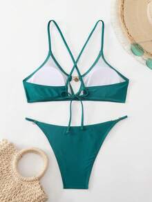 Bikini elegante y sexy de color verde pavo real sólido y dorado, ropa de playa y resort de vacaciones de verano para mujer - Agua verde azul - Ver 5