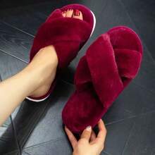 Cross-Strap Ladies Fur Plush Slippers Foreign Trade Cross-Border Slippers Open-Toed Slippers Home Girls Warm Cotton Slippers - 酒紅色 - 查看 9