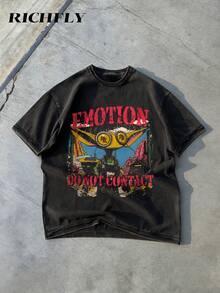 RICHFLY  Streetwear Graphic Washed Tee Double-Sided Print Men's Summer Round Neck Short,Streetwear Style,Y2k Style Manfinity Sleeve Casual Cotton Cotton T-Shirt - màu đen - Xem 3