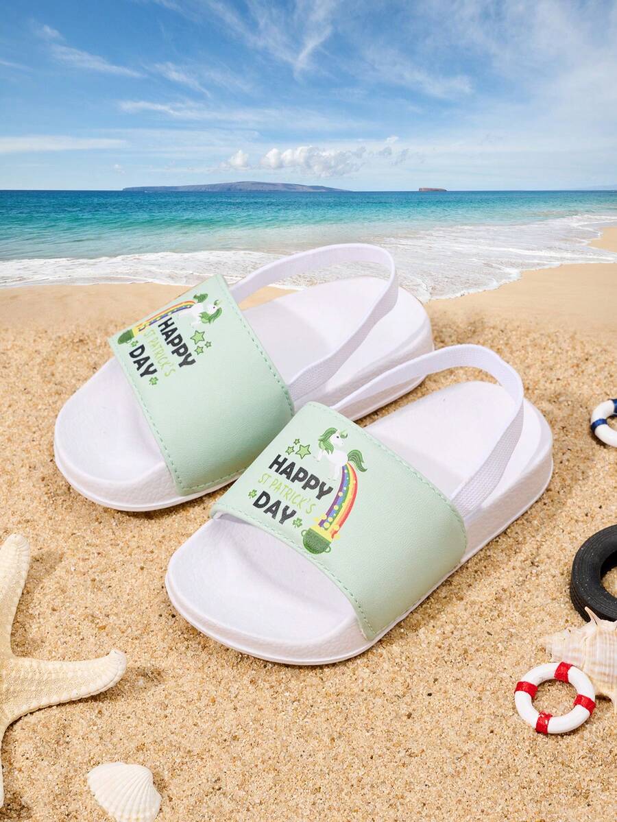 1 Pair Girls Cute Funny Letter Print Casual Flat Open Toe Sandals With Heel Strap, Suitable For Summer