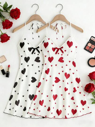 2pcs Women Elegant Jacquard Camisole Nightgown Set, Bow Decor Hem Lace Sexy Backless Dress, Suitable For Valentine's Day Gift