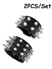 Xiacheng Unisex Gothic Punk Style PU Leather Rivet Bracelet, Black Wristband - Black and White - View 12