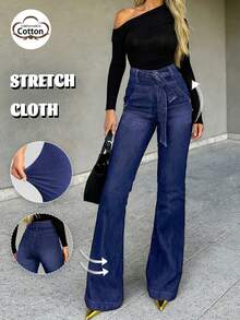 GILIPUR Y2K 女士高腰喇叭牛仔裤，配腰带，弹力修身，深蓝色水洗长裤，优雅休闲下装，欧美街头风，适合春夏度假穿着 - 深色水洗藍 - 查看 7