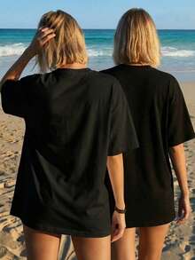 2 chiếc áo thun nữ màu đen trơn dáng rộng, vai rớt, thích hợp mặc đi nghỉ hè và đi làm. - 2 miếng màu đen - Xem 4
