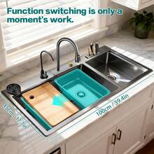 Cuixoc 39.4"L X 17.7"W Stainless Steel Kitchen Sink | Undermount & Drop-In Installation IN | Includes Faucet, Vegetable Washing Basin, Strainer Basket, Cutting Board & Cup Washer - 39.4in*17.7in/100cm*45cm - 查看 2