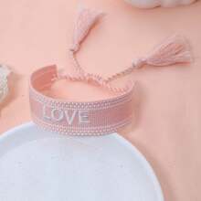 1pc Handmade Embroidered Love Letter Boho Tassel Braided Bracelet - Baby Pink - View 2