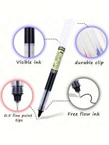 5支/10支/15支装速干签名凝胶圆珠笔，液体墨水走珠笔，0.5毫米黑色/蓝色/红色墨水，大容量，适用于记笔记、办公、签名，适合学校、办公室、考试、文具、返校季使用 - 彩色 - 查看 3