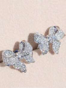 1 Pair Of Copper Inlaid Cubic Zirconia Bowknot Earrings - 銀色 - 查看 3