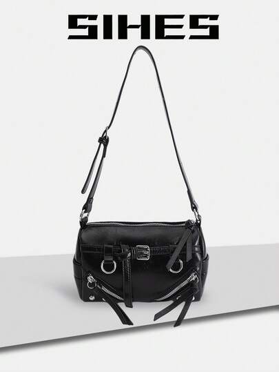 1个纯色PU皮革女士双肩单肩斜挎包，时尚方形波士顿包，拉链封口，可调节肩带，适合女孩、女士、大学生、年轻职业人士、办公室、学校、工作、商务、通勤、户外、旅行、购物等场合。