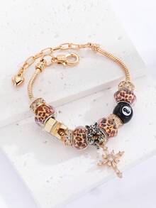 1pc Teenager DIY Beaded Bracelet With Copper Cross, Leopard Print Beads, And Black Tassels, Fashion Jewelry, Gift For Birthday - Gold - View 5