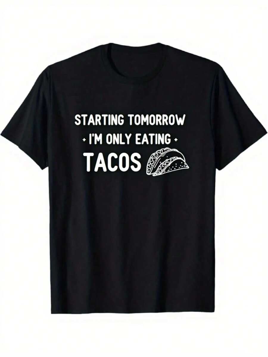 Camiseta de Hombre con Impresión Divertida "A partir de mañana solo comeré tacos", Camiseta de Algodón Suave y Elástica, Adecuada para Fiestas en la Playa y Uso Diario - Negro - Ver 1