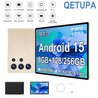 Qetupa 10.1英寸安卓平板电脑Z50，带保护套。搭载MTK8183处理器，八核2.0GHz，8GB RAM + 128/256GB存储空间（支持最高1TB SD卡扩展），1280*800高清IPS触控屏，500万像素前置摄像头 + 800万像素后置摄像头，6000mAh电池，支持802.11ax Wi-Fi 6、蓝牙5.2、GPS和Type-C充电。