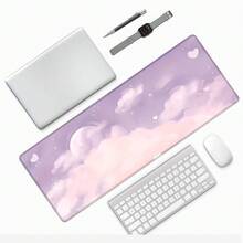1pc Pink & Purple Dreamy Cloud, Moon & Heart Design Mouse Pad, Healing Girly Style Desk Mat, Large Non-Slip Office & Gaming Keyboard Pad - Rectangle - View 4