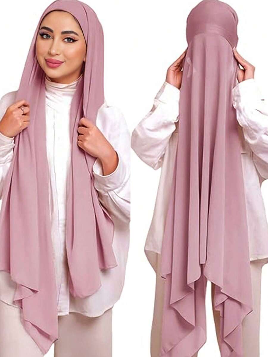 1 chiếc khăn trùm đầu Hijab tức thì dành cho nữ, màu trơn, chất liệu chiffon thoáng khí, tiện dụng cho người Hồi giáo. - Bụi hồng - Xem 1