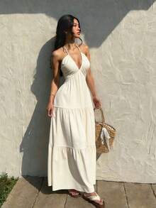 Vestido de verano sin mangas de mujer con cuello halter de gasa, escote en V profundo en la espalda y banda de cintura para vacaciones de verano, bodas o festivales,regalo ideal para día de san valentín,vestidos,vestidos largos,vestidos casuales para mujer. - Beis - Ver 2