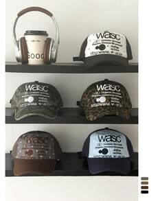 1pc Retro Letter Printed Baseball Cap For Women, Summer Student Versatile Breathable Wide Brim Mesh Cap, Patchwork Color Flat Brim Adjustable Snapback Hat With Embroidered Logo, Street Fashion - Flat Eaves - View 16