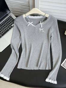 女士蕾丝拼接蝴蝶结高领长袖修身针织衫，秋冬款 - 灰色 - 查看 8