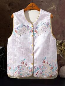 This Crane And Floral Design Creates A Modern Chinese Style Round Neck Vest For Women, Offering An Elegant And Casual Look. The Lightweight Sleeveless Tang-Style Vest Is Perfect For Spring And Summer, Layered Over A Shirt. Made Of Comfortable Fabric, It Features A Shorter Front And Longer Back, With Side Slits. Suitable For Holidays, Casual Wear, Vacations, Social Occasions, And Everyday Wear. - 花色 - 查看 3