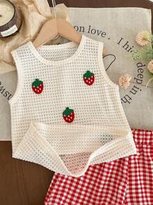 女童草莓刺绣套装，夏季针织无袖背心+红白格子短裤，清新甜美风格，儿童两件套，柔软透气，宽松版型，时尚百搭，适合夏季女童穿着 - 紅色 - 查看 4
