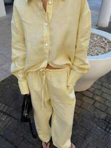 2pcs/Set Women Lightweight Breathable Flowy Wide Leg Pants + Loose Short Blouse, Elegant Vacation Style Spring - Light Yellow - View 3