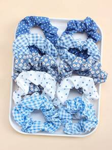 5个/套蓝色碎花、波点、格子发圈 - 3种款式：波点、格子、雏菊 - 适合女孩，适合日常、派对、复古、甜美和校园风格 - 彩色 - 查看 6