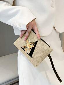 A-Z字母印花亚麻手提袋套装，个性化礼品，附赠小收纳袋，花卉图案，母亲节礼物，黄色亚麻手提袋配黑色肩带，大小号手提袋组合，送给女性、母亲、老师、朋友、伴娘的完美礼物，适合海滩、旅行等场合。 - 彩色 - 查看 4