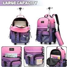 Kids Rolling Backpack With Wheels Unisex Suitcase Carry On Luggage For Elementary Middle High School Students - Gradient Pink Purple - 查看 5