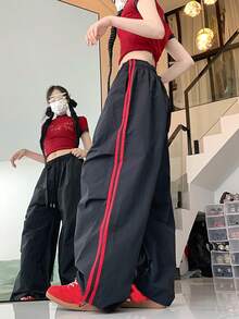 Women's Black Polyester Parachute Pants With Drawstring, Decorated With Red Stripes, Non-Stretch Fabric Spring - Black - View 9
