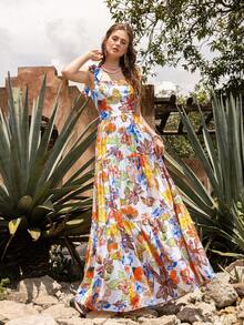 Faeriesty 优雅方领无袖长款连衣裙：露背印花连衣裙，侧边系带可调节，A字飘逸裙摆，复古植物图案遍布全身——完美适用于目的地婚礼宾客、波西米亚风新娘写真、花园婚礼、浪漫之旅、夏季户外度假等场合。 - 彩色 - 查看 8