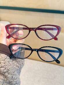 1/2pcs Women Plastic Solid Color Y2K Retro Cat Eye Casual Daily Commute Women Leopard Print Flat Lens Computer Glasses - Multicolor - View 9