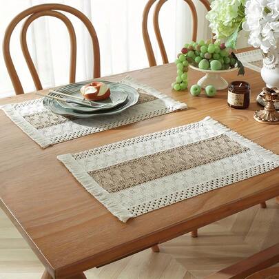 6/4/2pcs Set Elegant Woven Placemats - Classic Cream White + Natural Beige Knitted Design With Tassel Details, Breathable Crochet Lace Trim, Stain-Resistant Tablecloth Suitable For Rustic Farmhouse, Modern Coastal Or Classic Dining Decor | Upgrade Dining Aesthetics With Fashionable And Durable Placemats, Applicable For Daily Meals, Holiday Gatherings And Dinner Parties