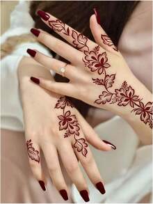 3张月亮花朵图案酒红色临时纹身贴纸 - Manhaiti Design 人体彩绘纹身，适合派对和节日 - 紅色 - 查看 3