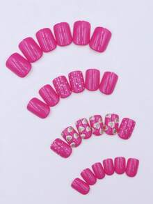 96pcs Valentine'S Day Nail Care Square Press Type Nail Care, Advanced Glitter Glossy Design, Reusable Stick Shaped Gel Press Type Acrylic False Nail, 1pc Nail File And 1Nail Glue Sticker Kit Nails ,With Patterns, Small Square Glue Nail Care, Women'S Gift Nail Supplies - Multicolor - View 4