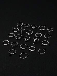 22pcs Vintage Rhinestone Heart, Cross, Snake, Star Stacking Rings Set For Women - Silver - View 3