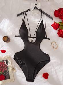女士成熟性感黑色交叉绑带文胸套装，黑色优雅性感露背连体裤，适合女性外出穿着 - 黑色 - 查看 8