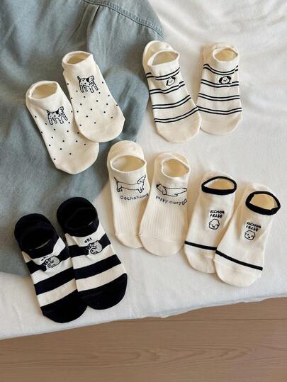 5 Pairs Women Cute Striped, Polka Dot, Puppy Pattern Minimalist Casual Boat Socks, Black & White, Random Color, Comfortable Hidden Socks Suitable For Daily Wear And Outings, All Seasons