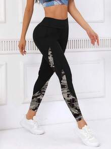 女士撞色印花口袋设计休闲健身紧身裤 - 彩色 - 查看 2