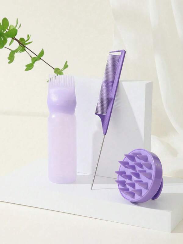 Set de 3 piezas para lavado y teñido de cabello, que incluye 1 botella de 6oz de champú seco con peine de dientes, botella de champú, botella para teñir y rizar el cabello, botella exprimible, botella medidora, botella para rizar y otros suministros de peluquería, así como 1 peine de champú y masajeador del cuero cabelludo, es un accesorio de peluquería femenina imprescindible para volver a la escuela, viajes y vacaciones