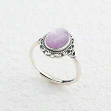 天然宝石925银戒指，复古花卉设计，可调节戒圈，9x7毫米椭圆形宝石，可选石种：紫云石/菱锰矿/彼得石，波西米亚风格珠宝，承诺礼物 - 銀色 - 查看 4
