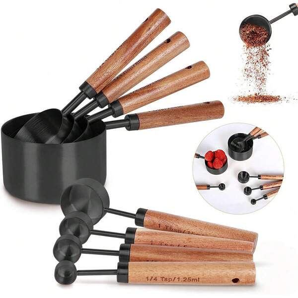 4/8 Stück Premium Edelstahl Messbecher und Messlöffel Set - Schwarze Edelstahl Messbecher mit Holzgriffen, Metall Messlöffel, 8 Stück unverzichtbares Küchenset für präzise Messung von trockenen und flüssigen Zutaten, geeignet für Backen, Kochen und Kaffeebrühen, ergonomisches Design für bequemen Griff, klare Markierungen (Schwarzes 8-teiliges Set)