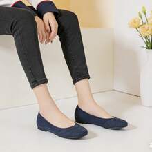 Women's Wide Width Flat Shoes,Dressy Ballet Flats,Round Toe Slip On Office Flats. - 藏蓝色 - 查看 4