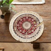 1/4/6pcs Middle Eastern Festival Series Expanding Geometric Floral Pattern Linen Printed Tassel Table Mat/Coffee Cup Coaster - Multicolor - View 3